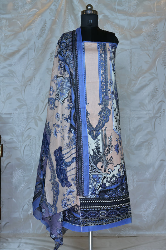 Elegant Blush Pink & Blue Printed Unstitched Suit Set