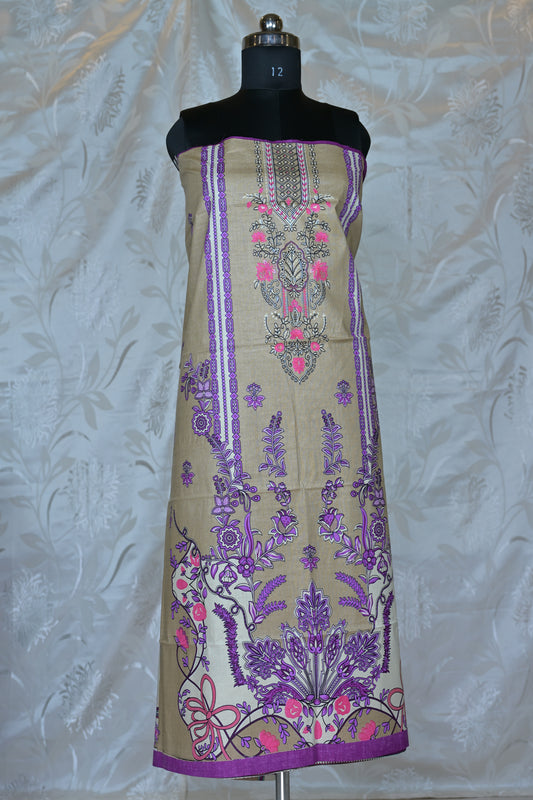 Elegant Beige & Fuchsia Printed Unstitched Suit Set