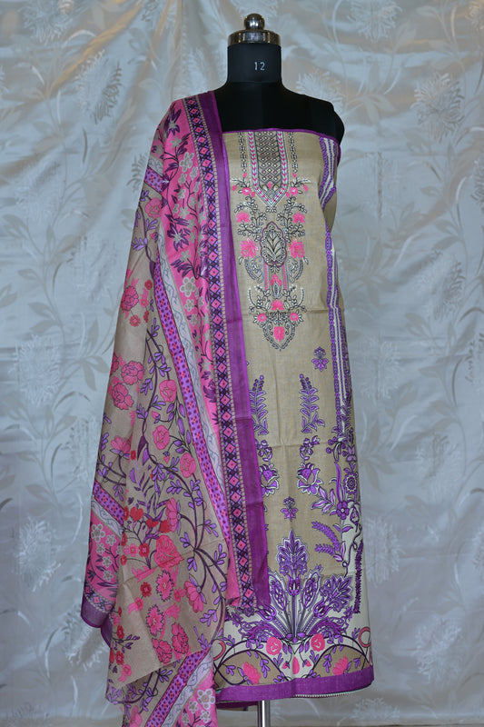 Elegant Beige & Fuchsia Printed Unstitched Suit Set