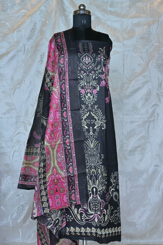 Sophisticated Black & Fuchsia Printed Unstitched Suit Set
