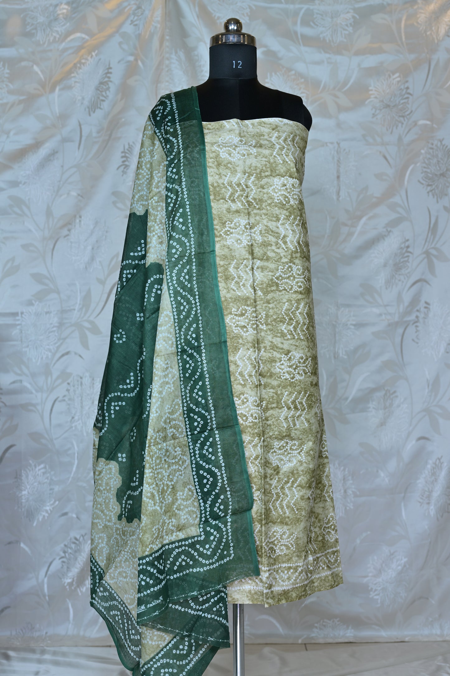 Earthy Toned Printed Unstitched Suit Set with Bandhani Dupatta