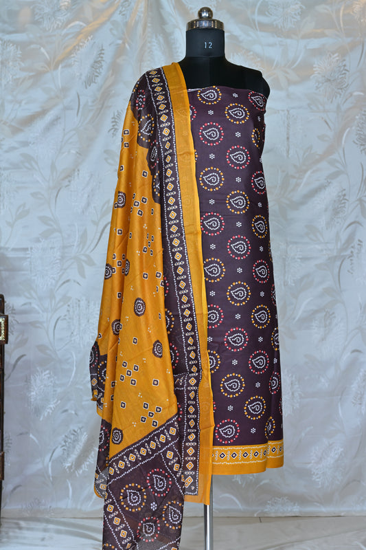 Rich Maroon & Mustard Bandhani Printed Unstitched Suit Set