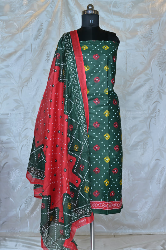Festive Deep Green & Red Bandhani Printed Unstitched Suit Set