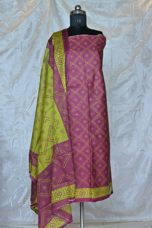 Vibrant Fuchsia & Chartreuse Bandhani Printed Unstitched Suit Set