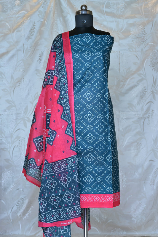 Striking Teal & Hot Pink Bandhani Printed Unstitched Suit Set