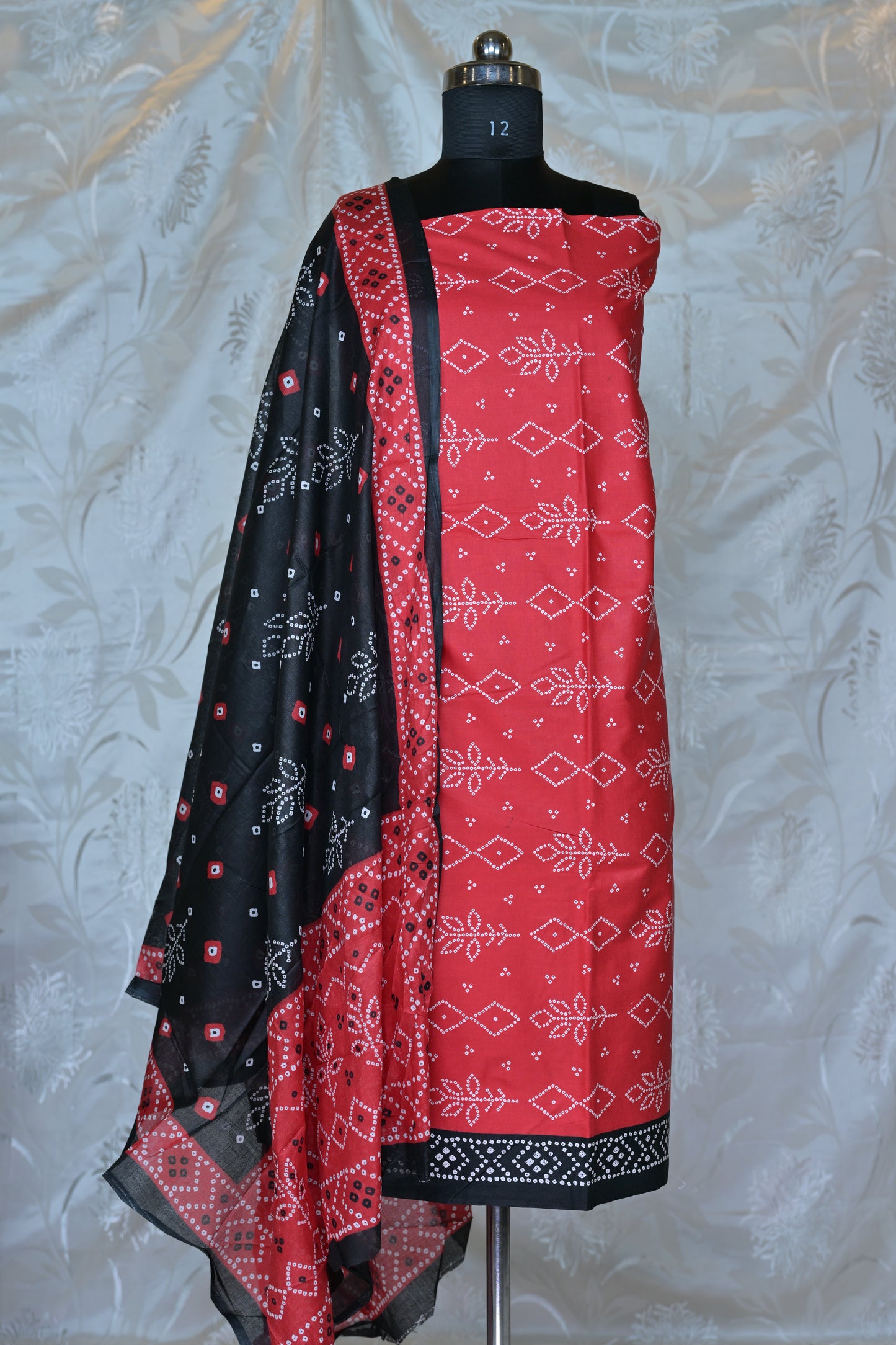 Bold Red & Black Bandhani Printed Unstitched Suit Set