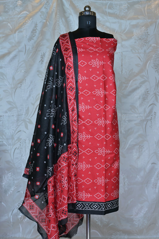 Bold Red & Black Bandhani Printed Unstitched Suit Set
