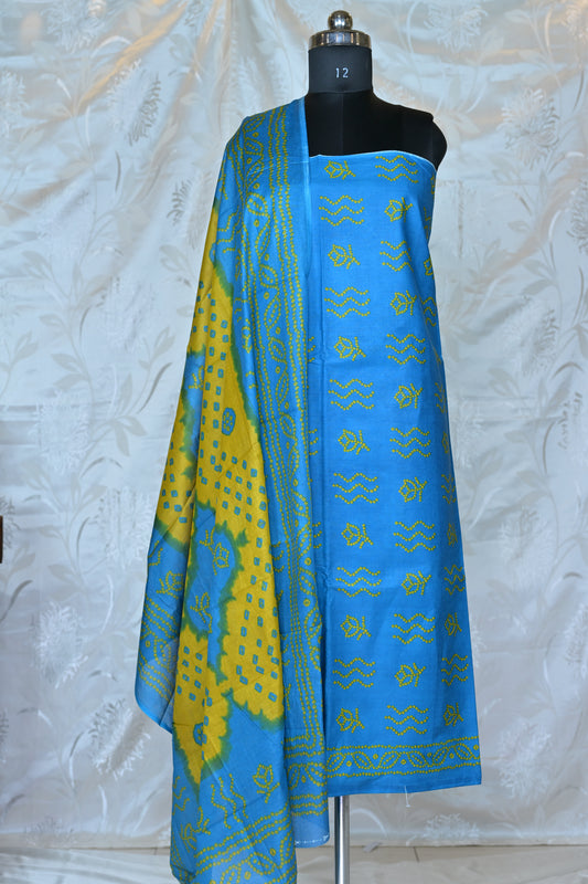 Bright Blue & Yellow Bandhani Printed Unstitched Suit Set