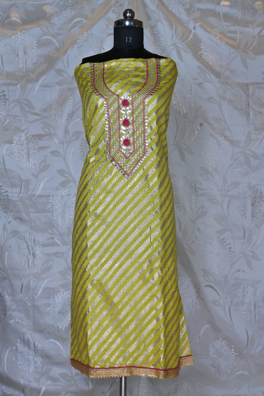 Vibrant Leheriya Suit Set with Resham and Zari Embroidery & Brocade Dupatta