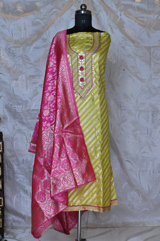 Vibrant Leheriya Suit Set with Resham and Zari Embroidery & Brocade Dupatta