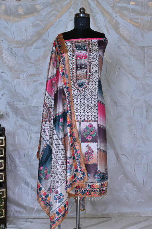 Artistic Printed Suit Set with Mirror Work - A Celebration of Traditional Motifs