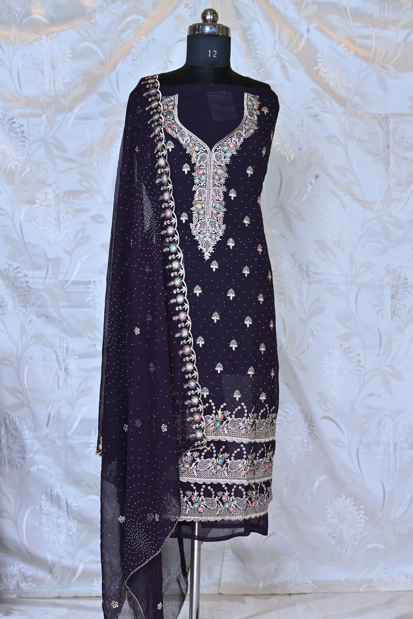 Luxurious Georgette Suit Set with Intricate Thread and Mukaish Embroidery