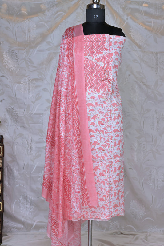 Charming Block Print 3-Piece Suit Material in Salmon Pink