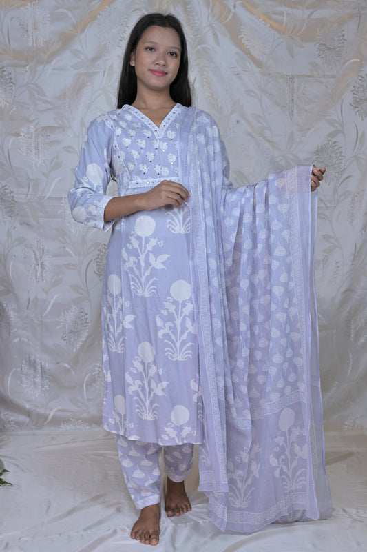 Charming Block Print & Embroidered 3-Piece Suit Set