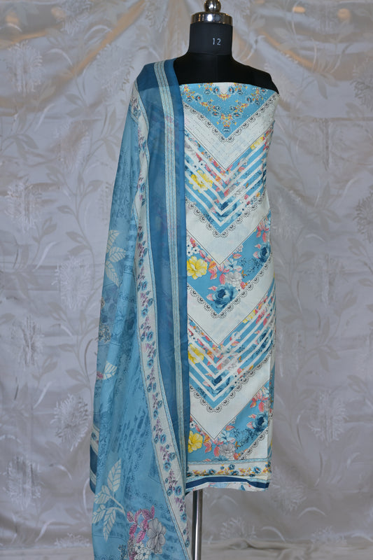Chic Printed 3-Piece Suit Material with Floral & Chevron Design
