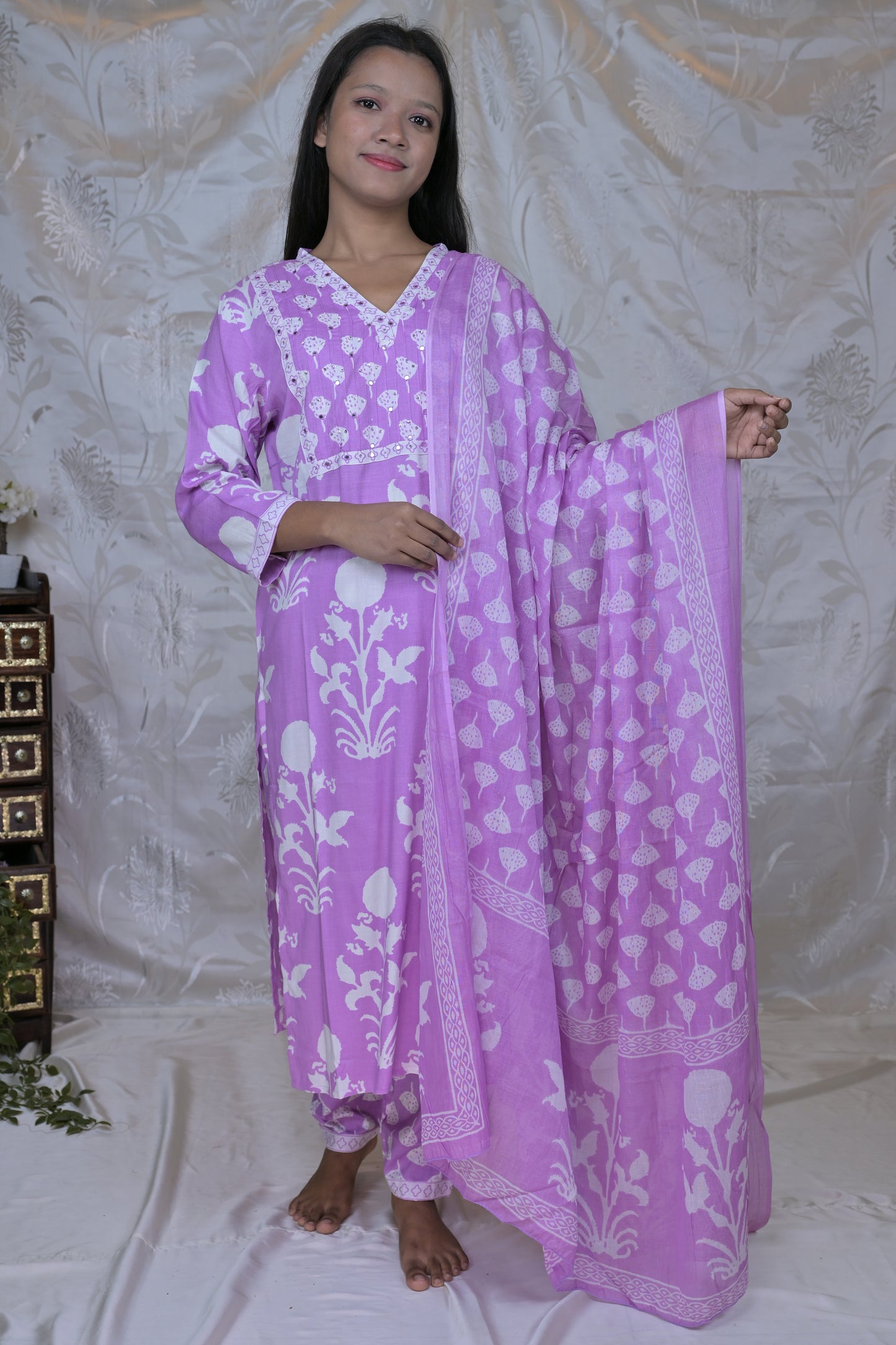 Charming Block Print & Embroidered 3-Piece Suit Set
