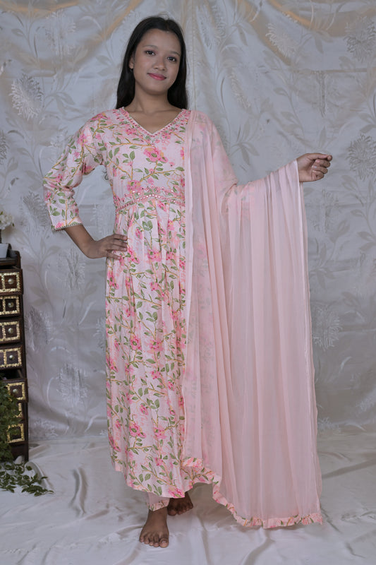 Graceful Floral Printed 3-Piece Suit Set in Blush Pink