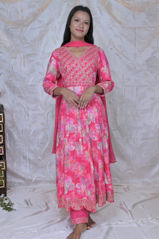 Stunning Floral Print & Embroidered 3-Piece Suit Set in Vibrant Fuchsia