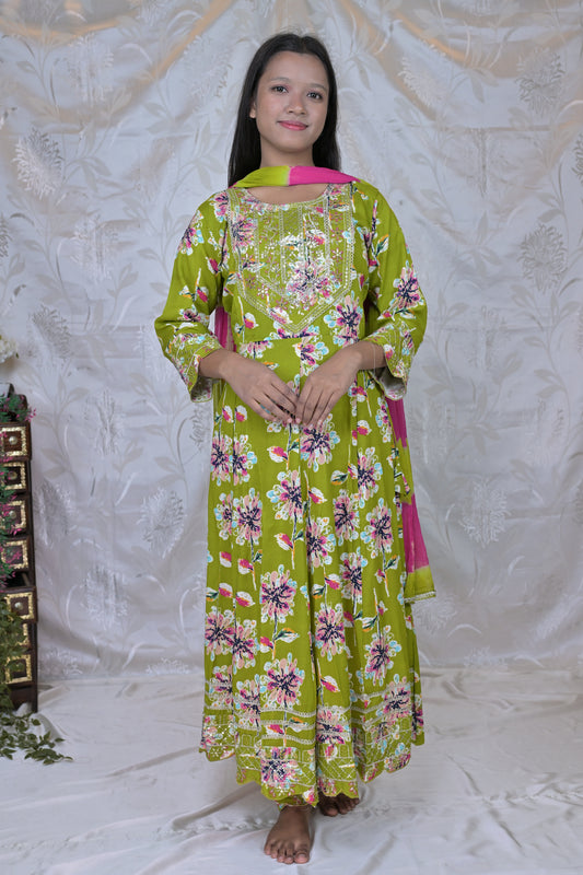 Vibrant Floral Print & Embellished 3-Piece Suit Set in Lime Green