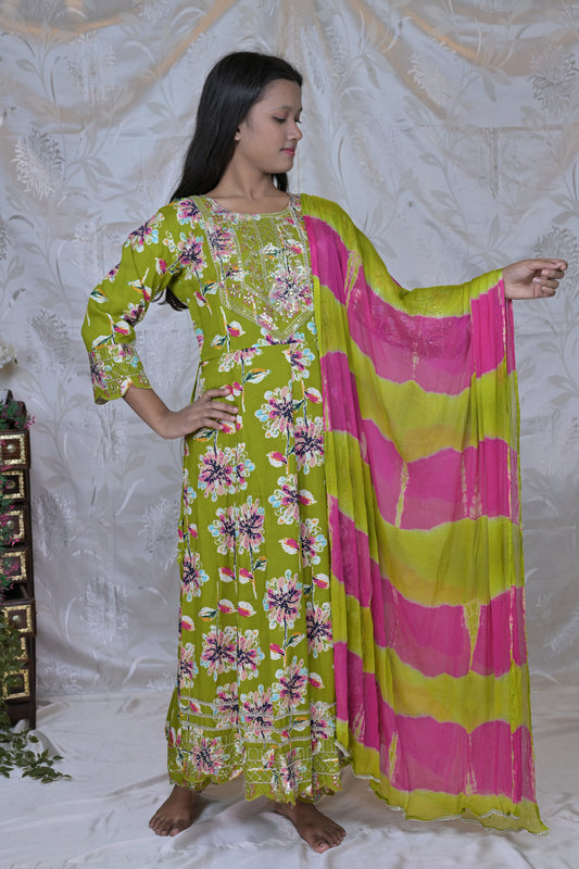 Vibrant Floral Print & Embellished 3-Piece Suit Set in Lime Green