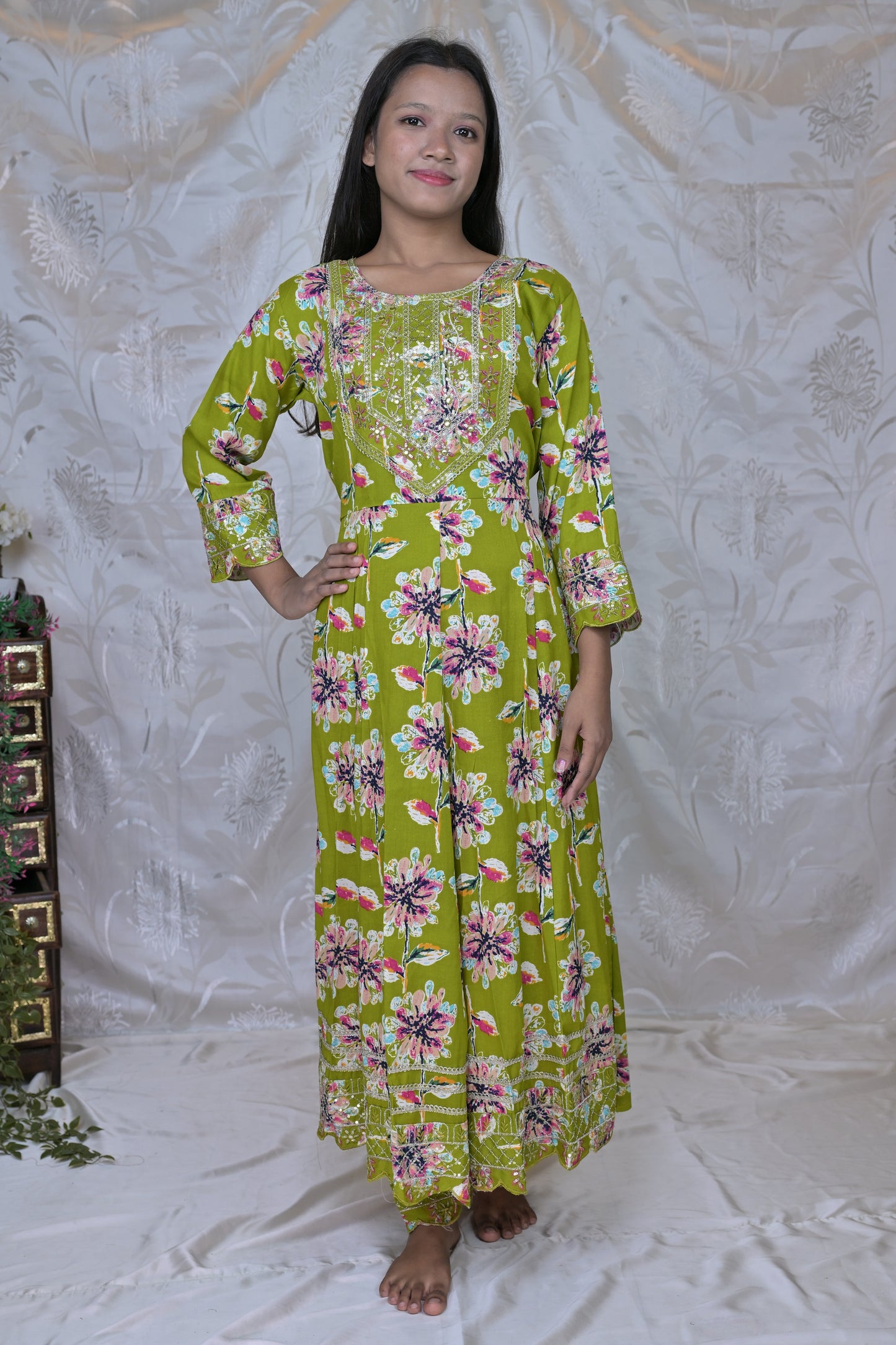 Vibrant Floral Print & Embellished 3-Piece Suit Set in Lime Green