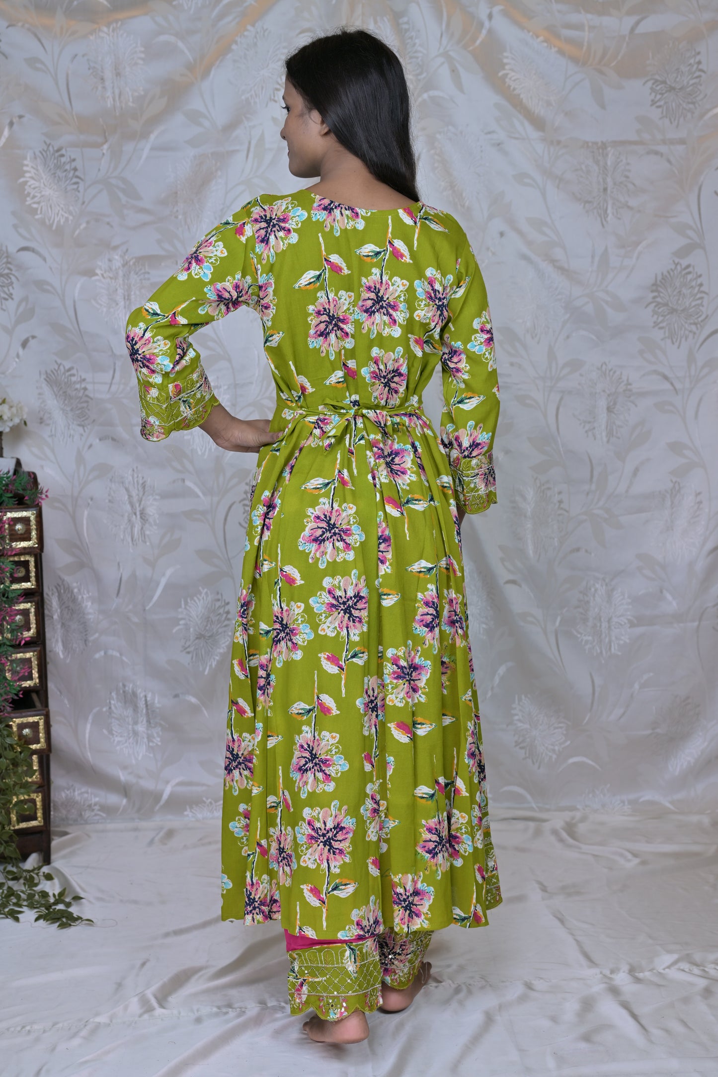 Vibrant Floral Print & Embellished 3-Piece Suit Set in Lime Green