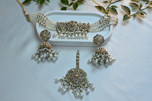 Regal Pearl Kundan Choker Set with Jhumka Earrings & Maang Tikka