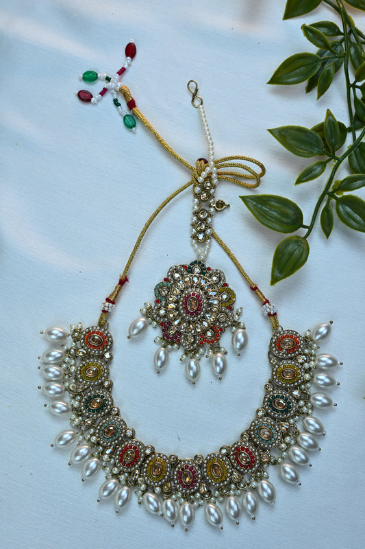 Multicolor Kundan & Pearl Bridal Jewelry Set with Bahubali Earrings