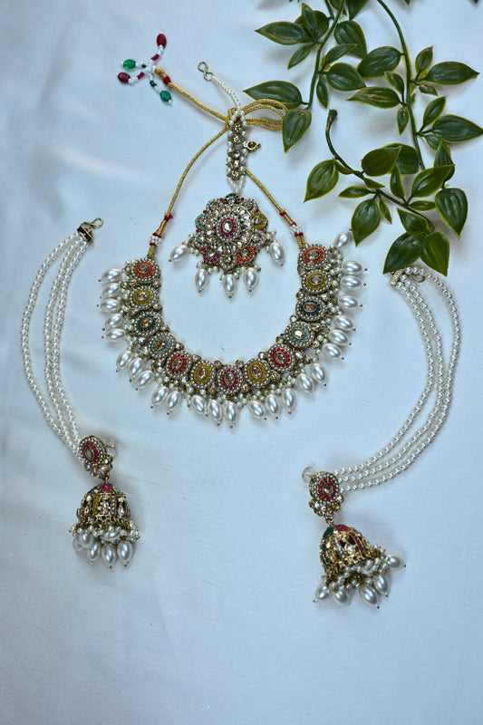 Multicolor Kundan & Pearl Bridal Jewelry Set with Bahubali Earrings