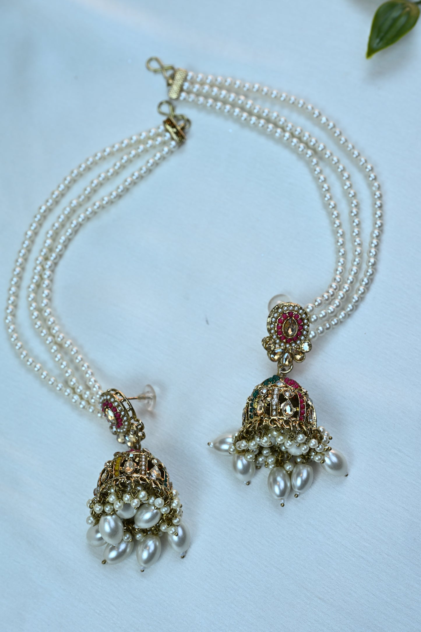 Multicolor Kundan & Pearl Bridal Jewelry Set with Bahubali Earrings