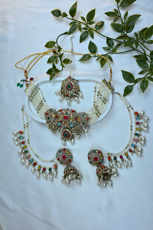 Royal Multicolor Kundan Pearl Bridal Set with Bahubali Earrings