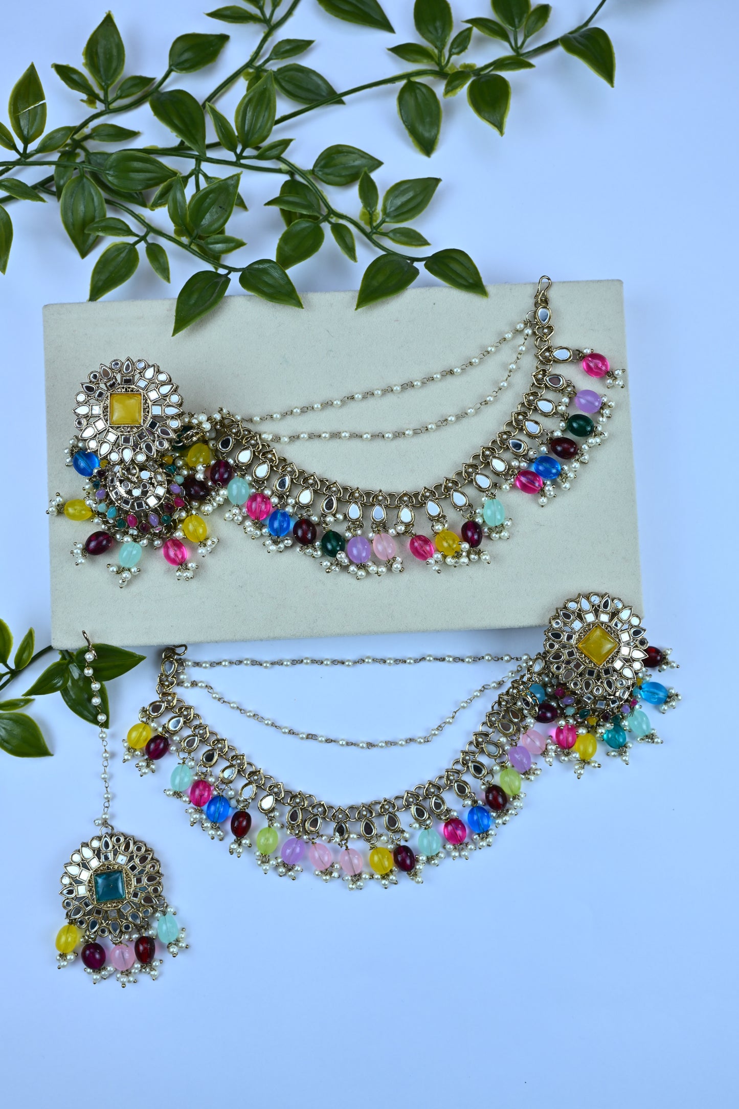 Multicolor Kundan Pearl Bahubali Earrings & Maang Tikka Set