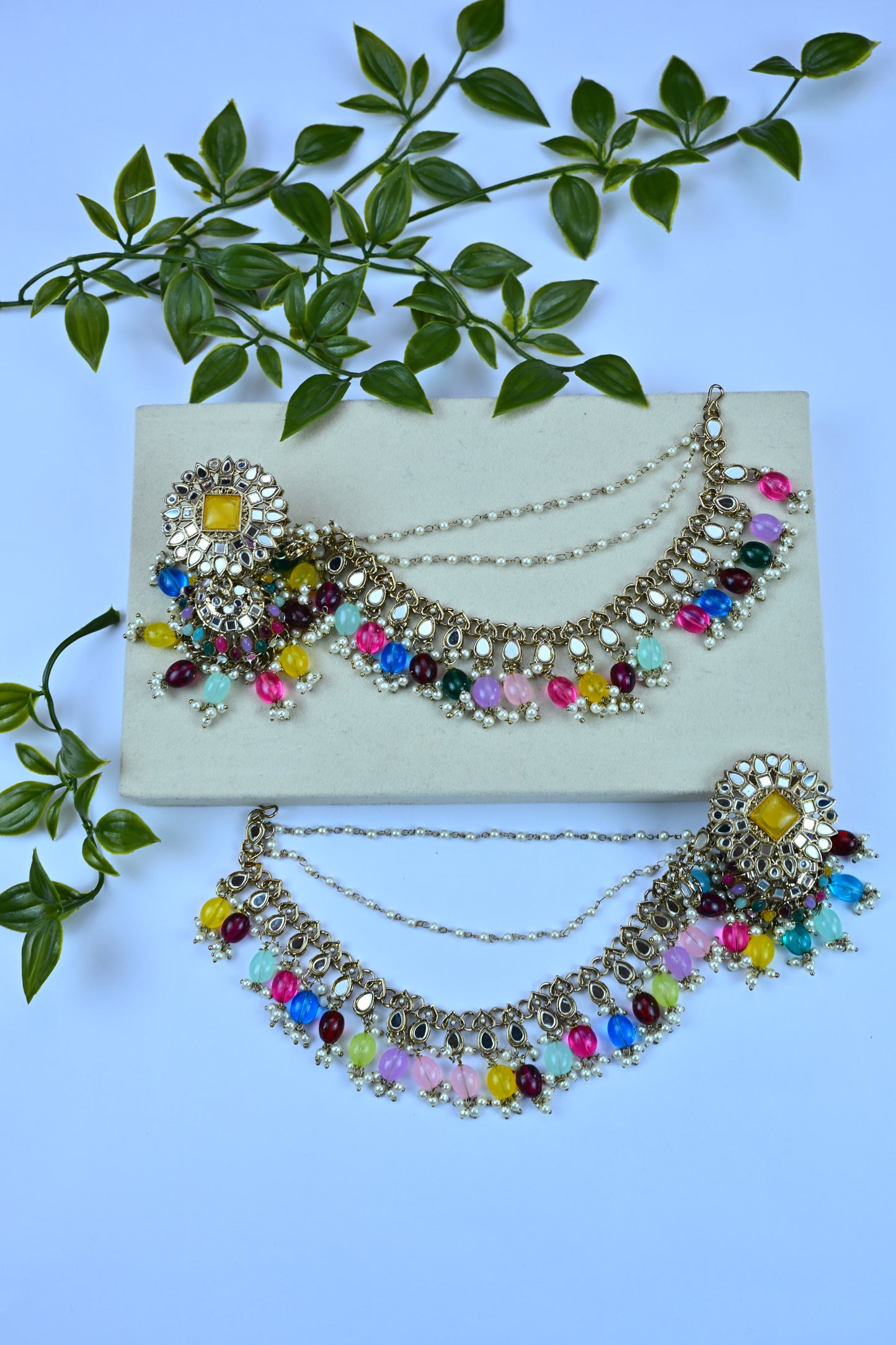 Multicolor Kundan Pearl Bahubali Earrings & Maang Tikka Set