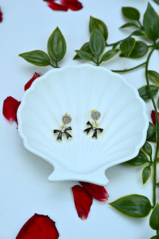 Heart & Bow Drop Earrings – Black & Gold