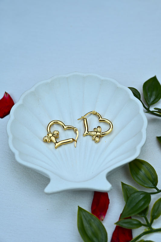 Golden Buzz – Bee & Heart Hoop Earrings