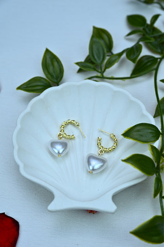 Twisted Gold & Pearl Heart Drop Earrings