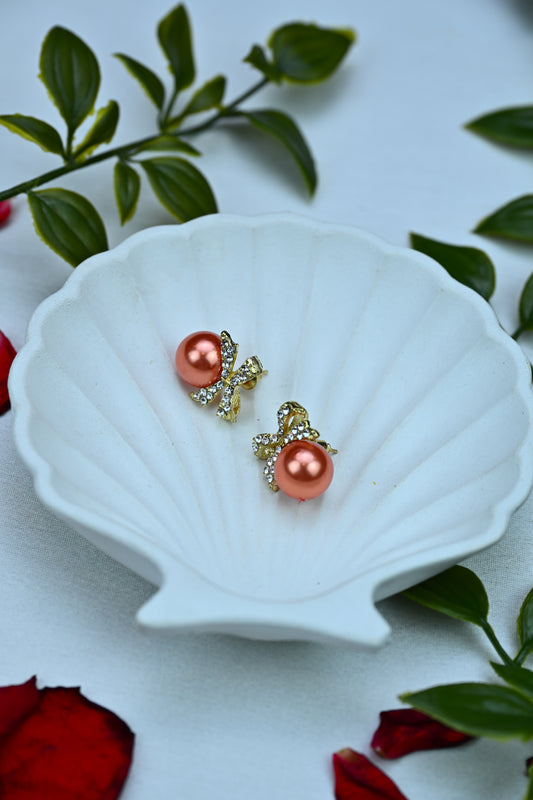 ﻿Korean Pearl Stud Earrings with Crystal Bow