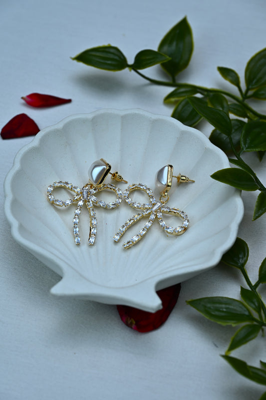 Glam Gold Rhinestone and Pearl Bow Earrings