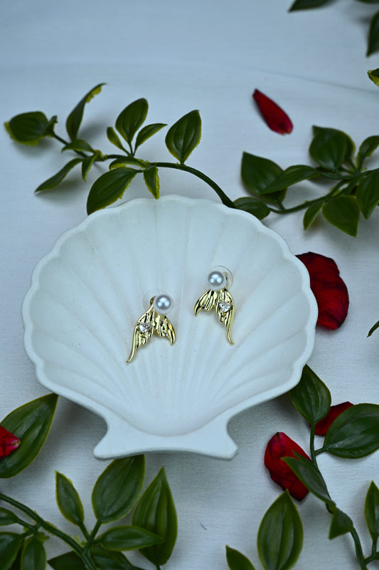 Elegant Gold Wing and Pearl Stud Earrings