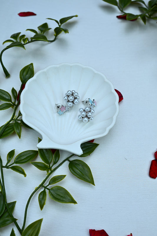 Delicate Pearl Cluster with Enamel Accent Stud Earrings