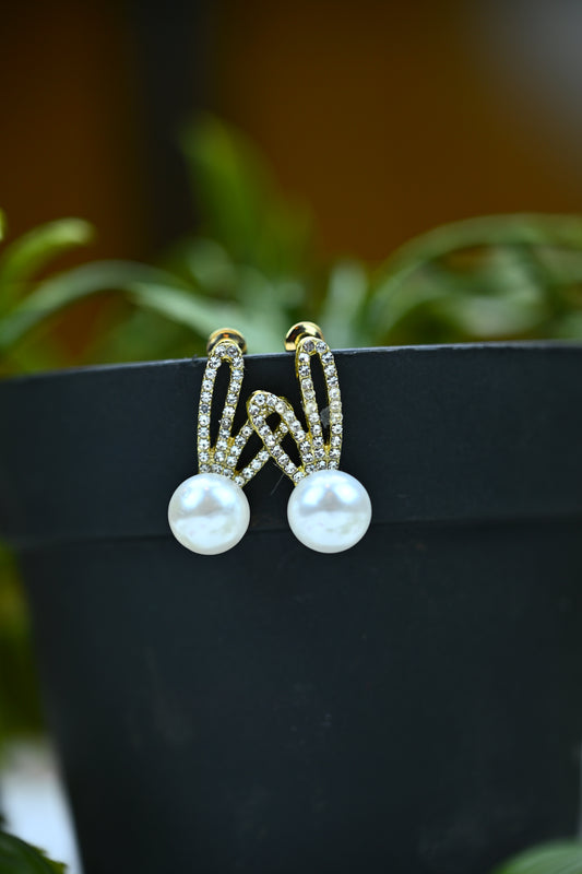 Whimsical Rhinestone Rabbit Ear and Pearl Drop Earrings
