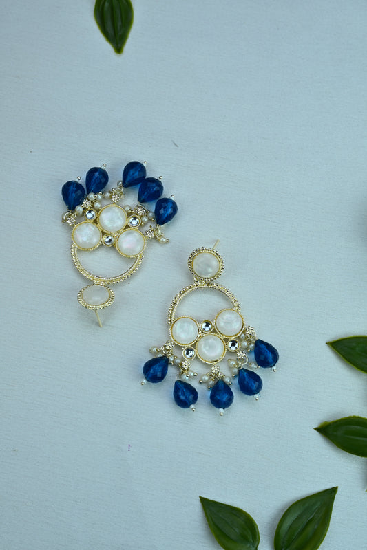 Elegant Gold-Toned Drop Earrings with White and Blue Accents