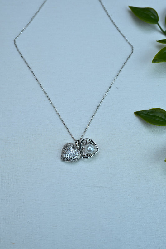 White Gold Double Heart Pendant Necklace with Diamonds and Pearl