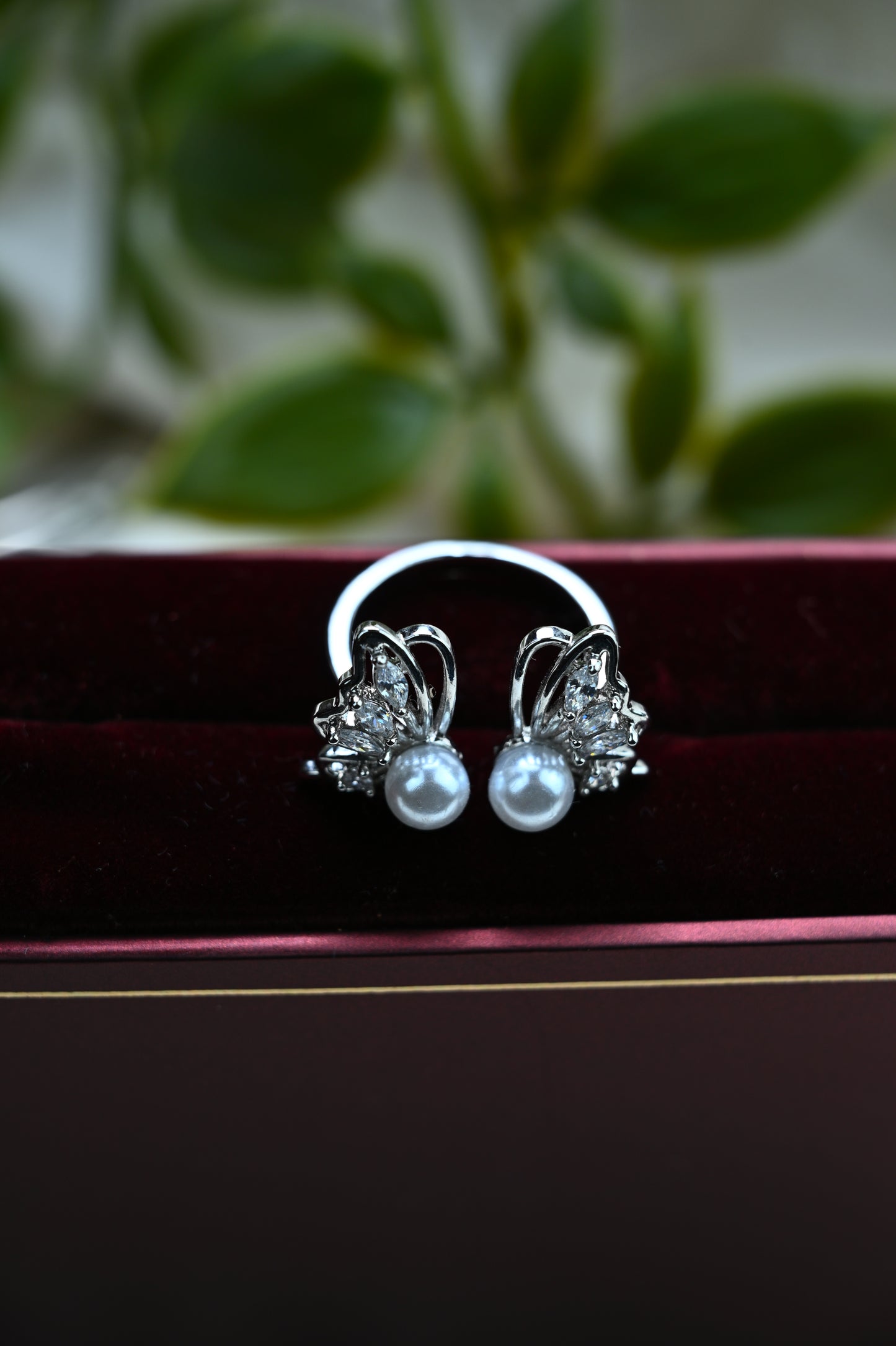 Stainless Steel CZ Butterfly Ring with Pearl Accent