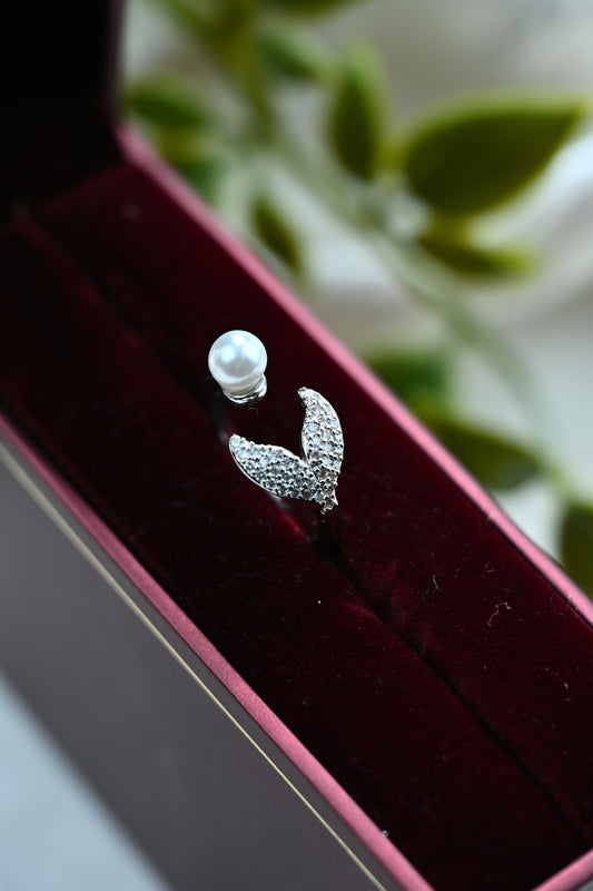 Silver Butterfly Open Ring with White Freshwater Pearl & Zircon Gemstones