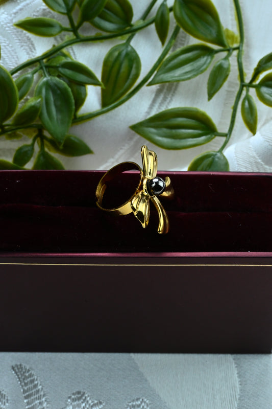 Gold-Tone Bow Ring with Black Bead
