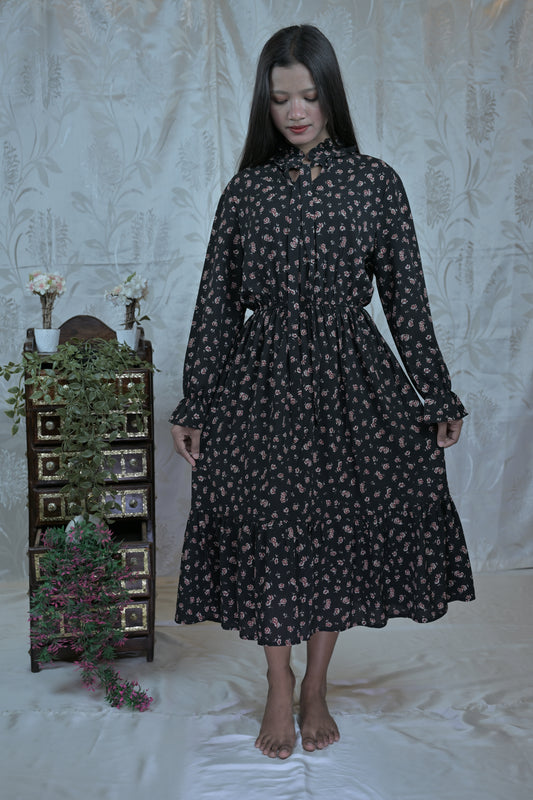 Midnight Rose Chiffon Midi Dress