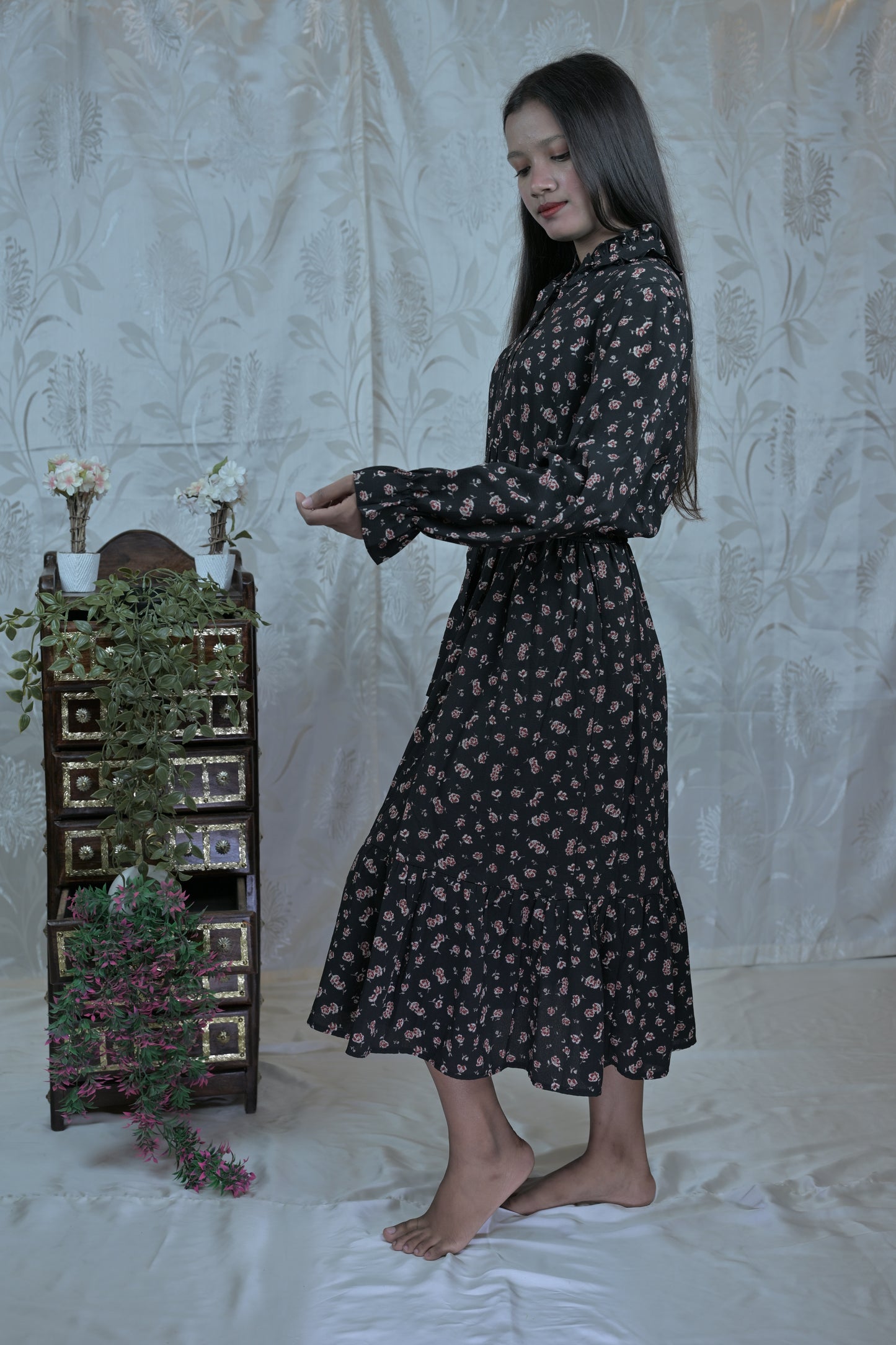 Midnight Rose Chiffon Midi Dress