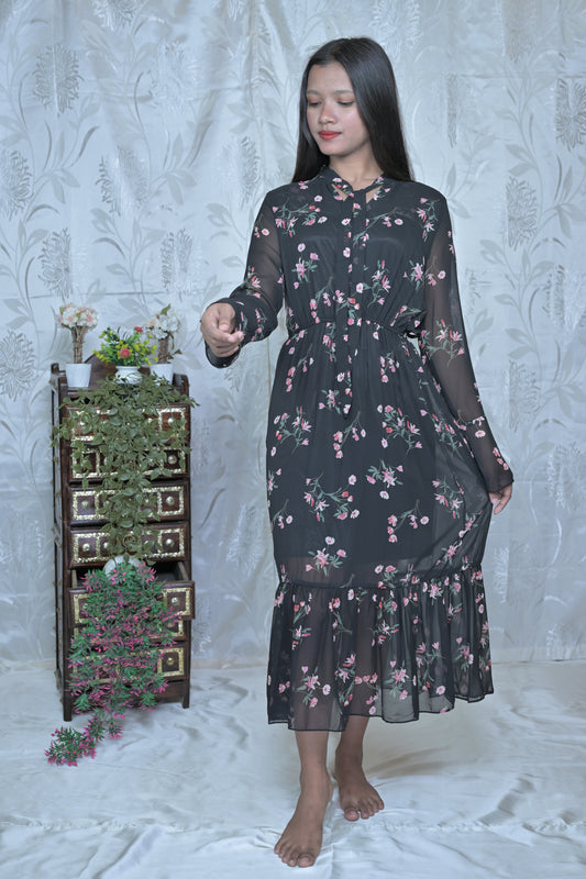 ﻿Midnight Blossom Sheer Maxi Dress