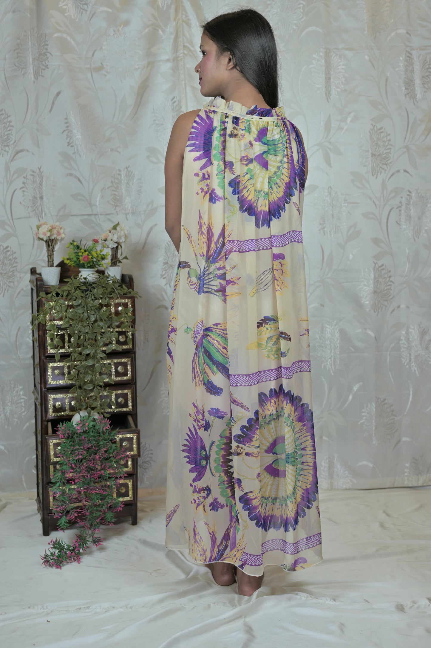 Boho Tie-Dye Peacock Print Maxi Dress
